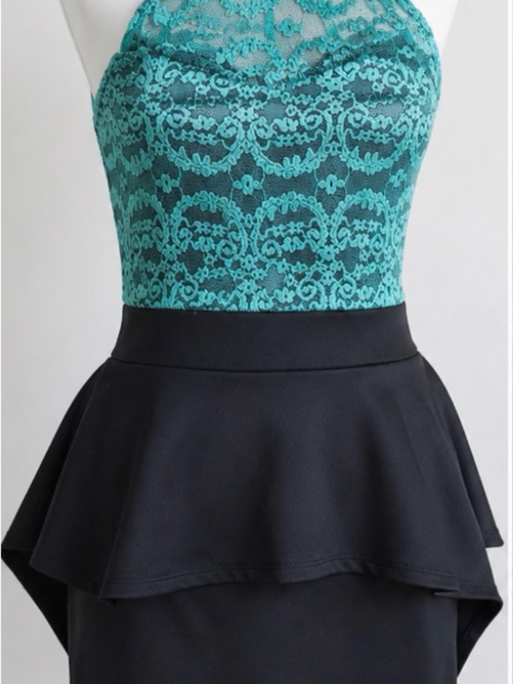 Teal Lace Bodice Black Peplum Dress